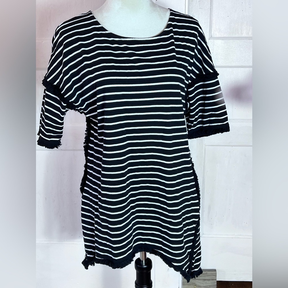 UMGEE TUNIC TOP/MINIDRESS/SWIM COVERUP SZ S BLACK WHITE STRIPE FRINGE HI-LO